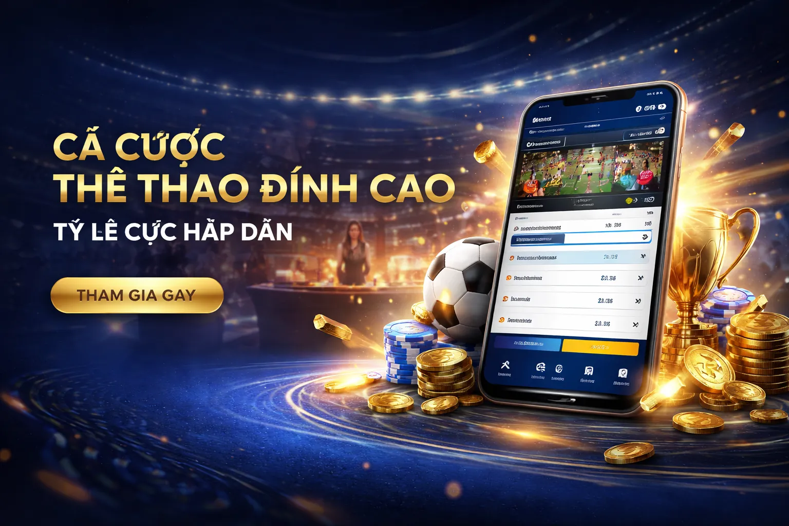 Sân vận động thể thao với các sự kiện đang diễn ra, biểu tượng chiến thắng, màu xanh-vàng